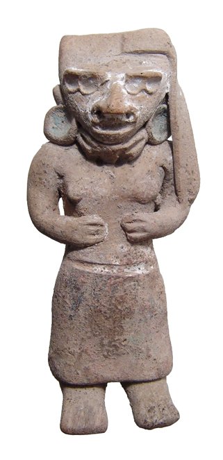 A nice Teotihuacan figure of a man, Mexico: A nice Teotihuacan figure of a man, Mexico, c. AD 400 - 650, wearing elaborate headdress, ear spools and collars, a long kilt-type garment around his waist. H: 3 ¾ in (9.5 cm). Intact with traces of 