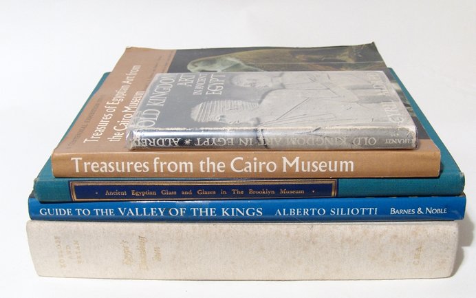 A lot of 5 books on ancient Egypt: A lot of 5 boxes on ancient Egypt. Lot includes - 1). E. Riefstahl, Ancient Egyptian Glass and Glazes in the Brooklyn Museum, (New York, 1968). 4to, Hardcover, teal cloth,114pp. Glossy text with halft