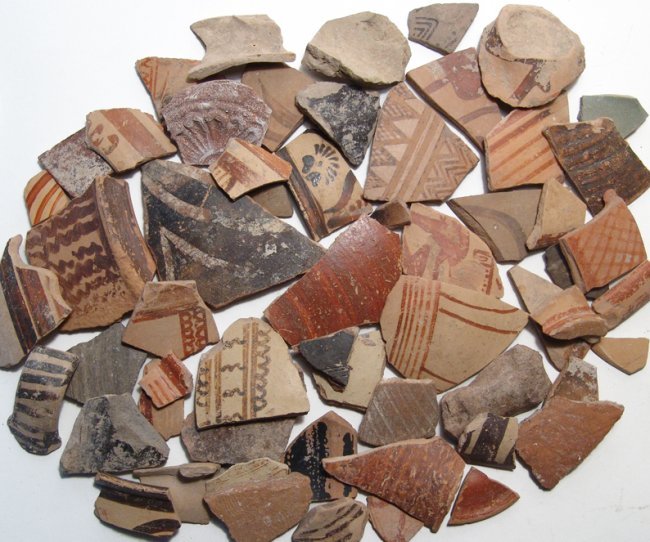 60 mostly Greek and Cypriot decorated pottery fragments: A large collection of 60 mostly Greek and Cypriot decorated pottery fragments, Largest L: 3 1/3 in (9.2cm), H: 2 in (5cm). Ex Estate of Lt. Col. Gregory L. and Lt. Cmdr. Mary Hutchison, Washington, DC