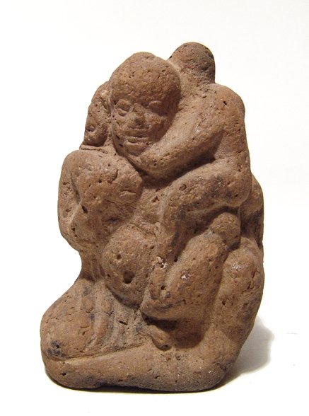 Egyptian terracotta figure Harpokrates: An Egyptian terracotta figure Harpokrates, c. 3rd - 1st Century BC, the god is depicted wearing his characteristic side lock and kneeling, with large, engorged phallus, a nude youth on his left should