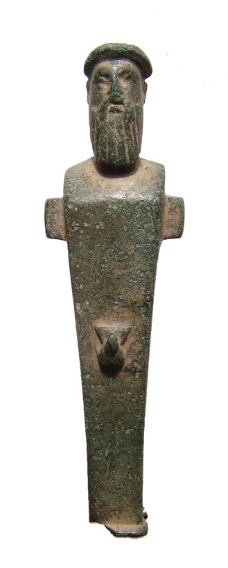 A Roman bronze male herm: A Roman bronze male herm, c. 1st Century AD, with male genitalia at the front. In great style with a nice olive green patina. H: 3 1/8 in (7.8cm). Ex Chicago, Illinois private antiquities collection.