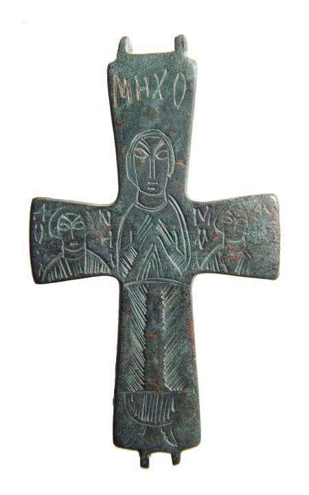Byzantine bronze reliquary cross depicting the Virgin: A Byzantine bronze reliquary cross depicting the Virgin, c. 9th - 12th Century AD, flanked by the busts of saints, theirs names in Greek letters around, this being the back half, with nicely incised f