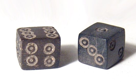 Two pairs of Roman bone dice: Two pairs of Roman bone dice, c. 1st - 4th Century AD, one pair in a darker tone, but both matching and well made. Large pair averages 10mm in width, smaller 7-8mm in width. Ex Los Angeles private col