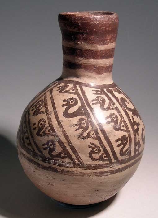 An unusual Moche Terminal Phase bottle: An unusual Moche Terminal Phase bottle from Peru, ca. 650 – 700 AD. This round-bottom vessel is 8 in high and is decorated with a series of bird designs and recurved step-fret symbols. The Huari inf