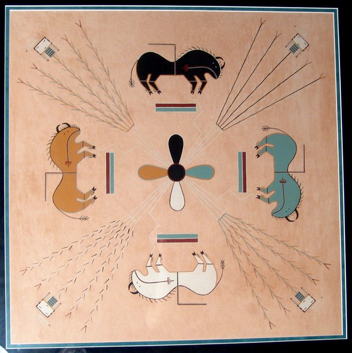Navajo sand painting depicting buffalo with Yei between: A Navajo sand painting depicting buffalo with Yei between them, polychrome on cloth. This is an example of a now scarce medium, whereby an otherwise ephemeral sand painting made for use in the Chant b
