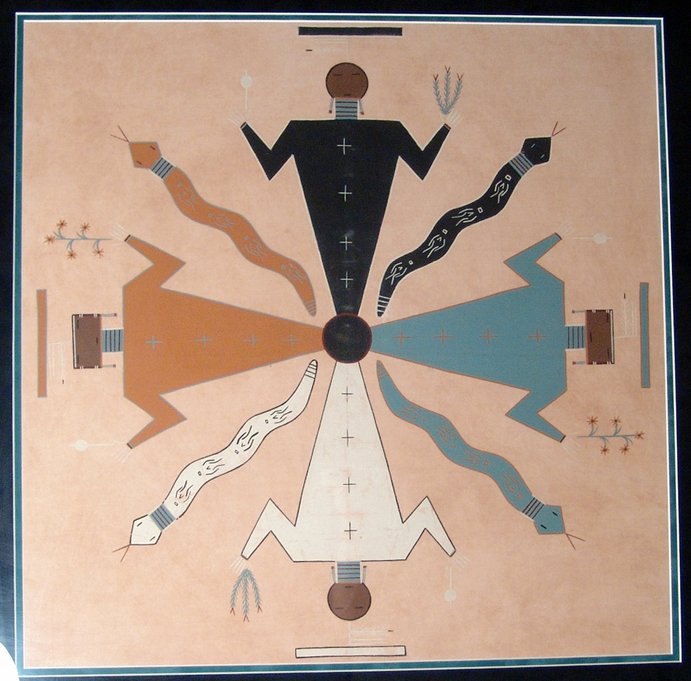 Navajo sand painting depicting Yei with snakes between: A Navajo sand painting depicting Yei with snakes between them, polychrome on cloth. This is an example of a now scarce medium, whereby an otherwise ephemeral sand painting made for use in the Chant by