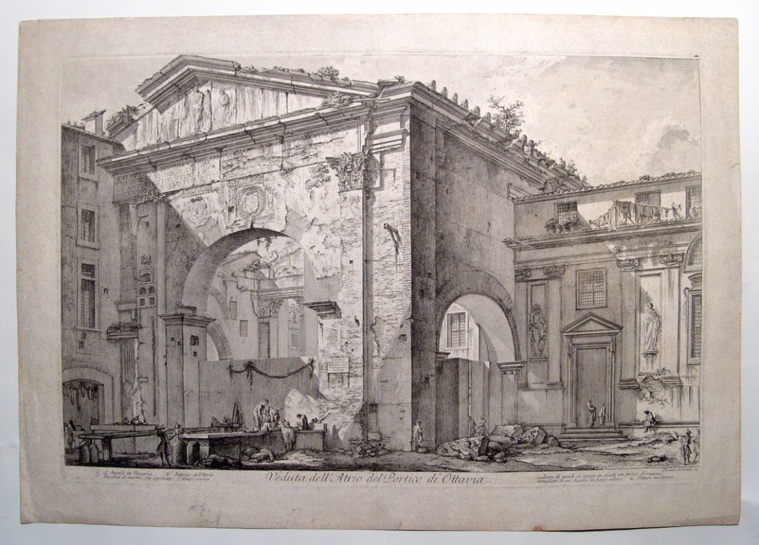 Italian engraving by Piranesi of the Portico of Octavia: An Italian engraving by Piranesi of the Portico of Octavia, 1748-1760. Engraving by Giovanni Battista Piranesi (1729-78), Italian Artist. Titled: Veduta dell’ Atrio del Portico di Ottavia (View of t