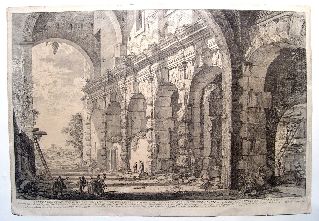 Italian engraving by Piranesi of a domicile: An Italian engraving by Piranesi of a domicile by the Flavian Amphitheater, 1748-1760. Engraving by Giovanni Battista Piranesi (1729-78), Italian Artist. Titled: Veduta del Piano Superiore del Seragli