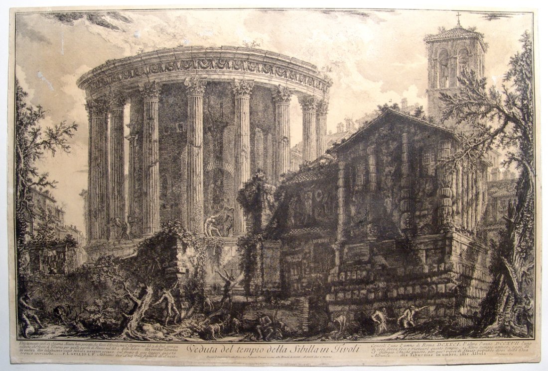 Engraving by Piranesi of the Temple of Cybele in Tivoli: A gorgeous Italian engraving by Piranesi of the Temple of Cybele in Tivoli, 1748-1760. Engraving by Giovanni Battista Piranesi (1729-78), Italian Artist. Titled: Veduta del Tempio della Sibilla in Tiv