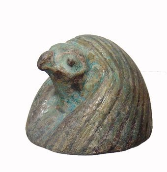 Canopic lid in the form of Qebehsenuef: A choice bi-color faience canopic lid in the form of Qebehsenuef, 3rd Intermediate Period, c. 1075 - 665 BC, the falcon-headed canopic deity which is one of the 'Four Sons of Horus'. The jar lid is be