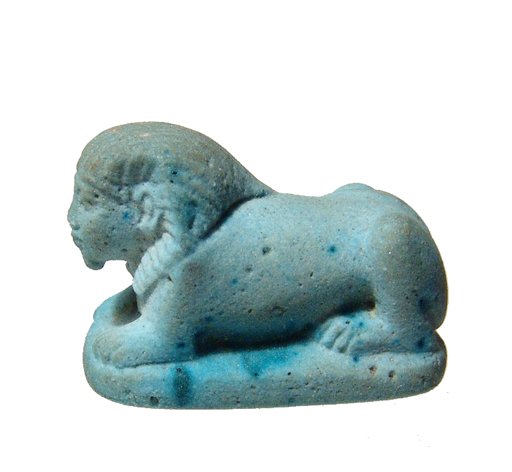 A detailed Egyptian blue faience amulet of a sphinx: A detailed Egyptian blue faience amulet of a sphinx, Late Period, c. 664 - 30 BC, with inscribed base, well-preserved with great style and detail. The sphinx is in typical pose, wearing Nemes head clo