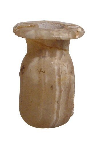 Egyptian alabaster cosmetic jar, Late Period: An Egyptian alabaster cosmetic jar, Late Period, c. 664 - 30 BC, of translucent material with attractive vertical banding. H: 1 1/3 in (3.5cm). Repair and a few losses at neck and rim. Ex Collection o