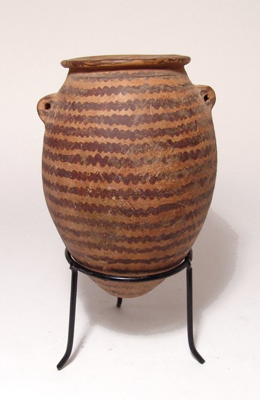 Egyptian Predynastic ceramic jar, Gerzean Period: A nice Egyptian Predynastic ceramic jar, Gerzean Period, c. 3500 - 3050 BC, the ovoid body with flattened narrow base and wide, flat rim, lug handles to either side. The body is nicely decorated with 