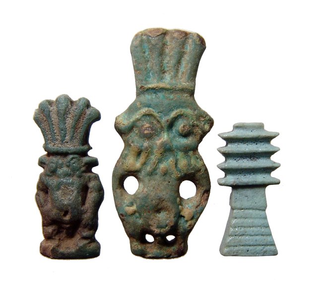 A lot of 3 Egyptian faience amulets: A lot of 3 Egyptian faience amulets. Lot includes a very well-preserved 'Djed Pillar' of Osiris, with beautiful light blue color and suspension hole through side, (H; 2.7 cm). In perfect condition! Th