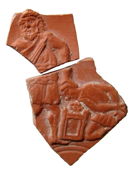 Roman red-ware sherds with Abraham sacrificing Isaac: A pair of Roman red-ware sherds with Abraham sacrificing Isaac, North Africa, c. 5th Century AD, from- Genesis 22 - 'Abraham is bearded and wears a workingman's short tunic with one shoulder uncovered