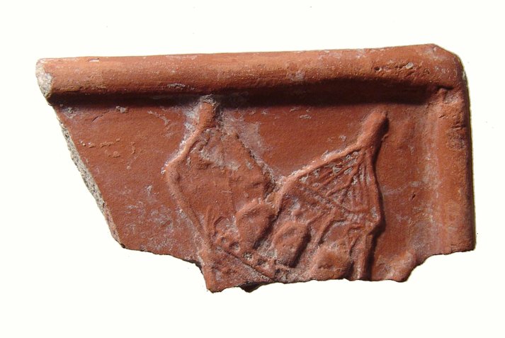 Roman terra sigillata pottery fragment depicting heads: A Roman terra sigillata pottery fragment depicting heads of 3 men in a ship, North Africa, c. 4th - 5th Century AD, with nice detail. H: 1 3/5 in (4cm), L: 2 ¾ in (7cm). Ex Royal Athena Galleries, Ne