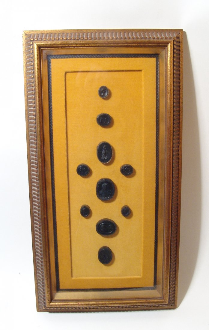 A decorative framed lot of 10 intaglio imprints: A decorative framed lot of 10 intaglio imprints, late 19th - early 20th Century, depicting scenes from the Classical world. H: 18 ¾ in (47.7cm).