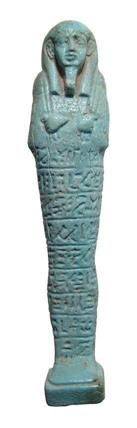 Egyptian light blue faience ushabti: A superb Egyptian light blue faience ushabti, Late Period, c. 664 - 343 BC, mummiform, wearing tripartite wig and false beard, arms folded across chest, hands holding a pick and hoe, bag on left shoul
