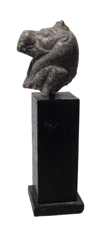 Egyptian steatite head of the goddess Sekhmet: An Egyptian steatite head of the goddess Sekhmet, Late Period, c. 664 - 30 BC, from a large amulet, with nice detail and light deposits. H: 1 1/8 in (3cm). Ex Philadelphia private collection.