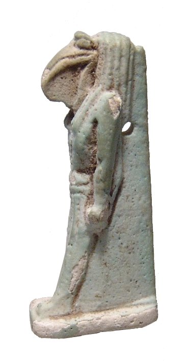 Egyptian pale blue faience amulet of Thoth: An Egyptian pale blue faience amulet of Thoth, Late Period, c. 664 - 30 BC, wearing kilt, hands pendant at side. Nicely detailed and a pleasing example! H: 1 1/3 in (3.4cm). Ex Philadelphia private co