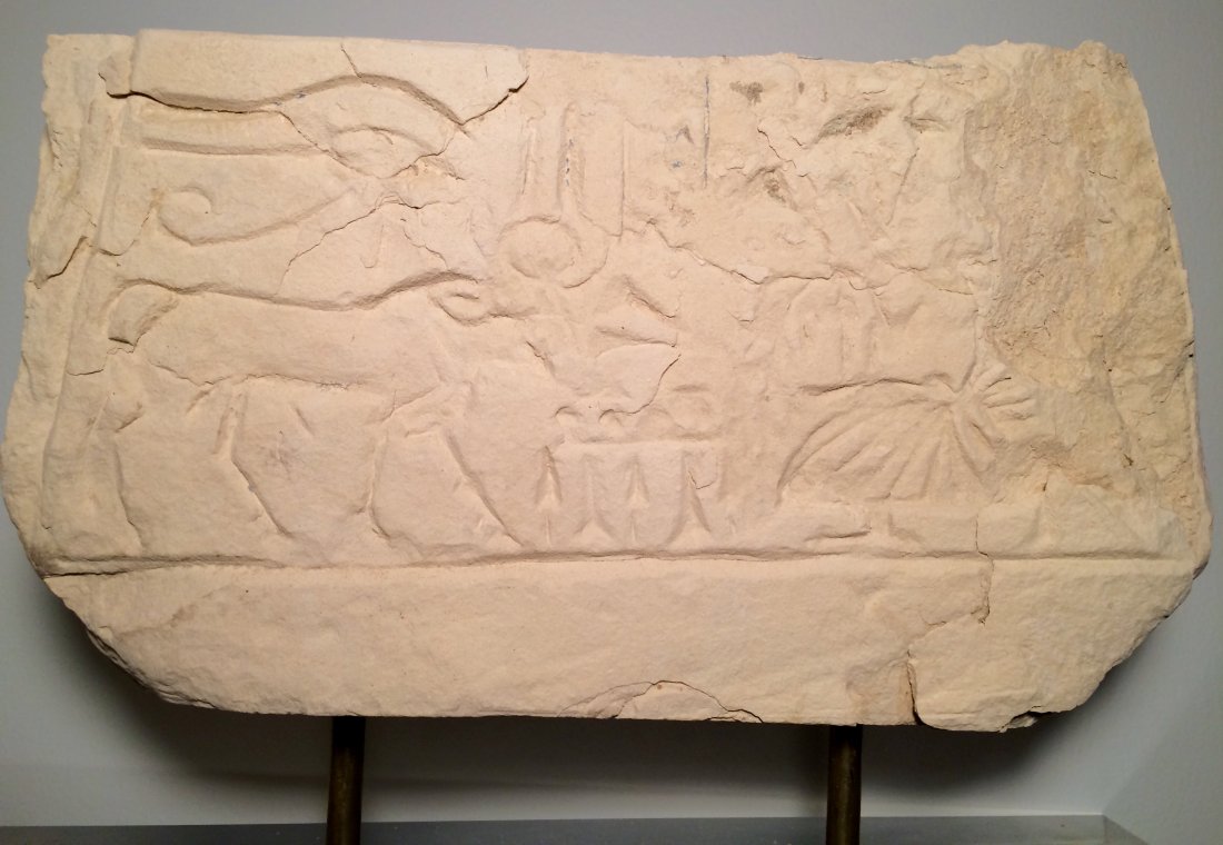 Egyptian relief depicting an offering scene: An outstanding Egyptian relief depicting an offering scene, Late Period, c. 664 - 343 BC, featuring a masterfully carved Eye of Horus in the upper left section of the relief, which watches over the of