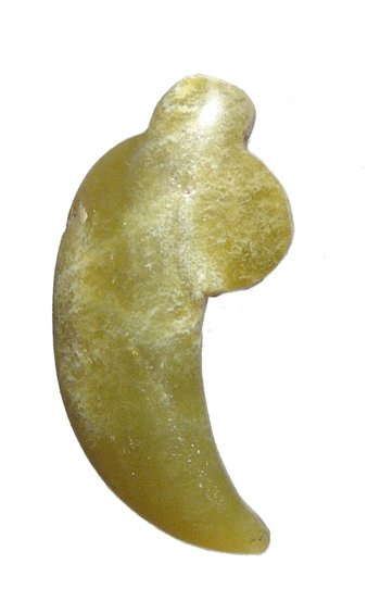 Green stone amulet in the form of a feline claw: A vibrant green stone amulet in the form of a feline claw, Northern Syria, late 3rd - early 2nd Millennium BC, carved from translucent olive-green stone with curved tip and drilled suspension hole thr