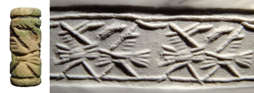 A nice Neo-Assyrian green faience cylinder seal: A nice Neo-Assyrian green faience cylinder seal, c. 934 - 609 BC, L: 23mm. Intact and well-preserved. Ex Los Angeles private collection.