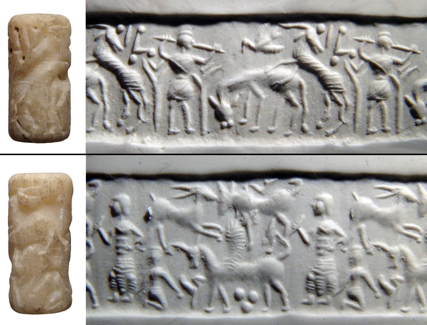 A pair of alabaster cylinder seals: A pair of alabaster cylinder seals. An attractive pair expertly carved in the style of the ancient originals depicting animals and standing figures. L: 2.2 cm & 2 cm
