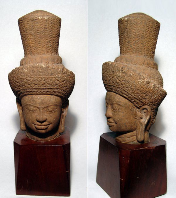 Khmer sandstone head of temple deity or heavenly being (1 of 1)