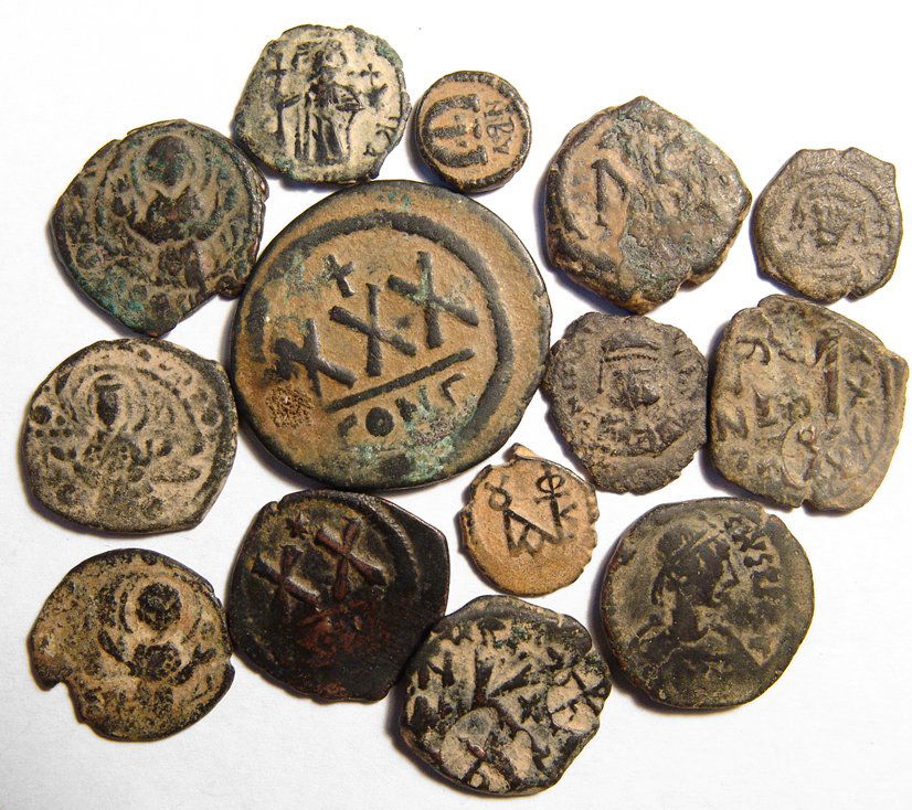 A mixed group of 14 bronze Byzantine coins (1 of 1)