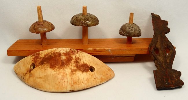 Lot of 5 wood and bone objects: Lot of 5. The First 3 Wooden Coptic Spindle Whorls, Ds: 2.2 cm, 2.5 cm, 2.8 cm. The Second a Coptic Bone Pointed Ovoid Pendant, L: 9.4 cm, W: 4.1 cm. The third a Wooden Decorative Piece, H: 8.1 cm. Ex