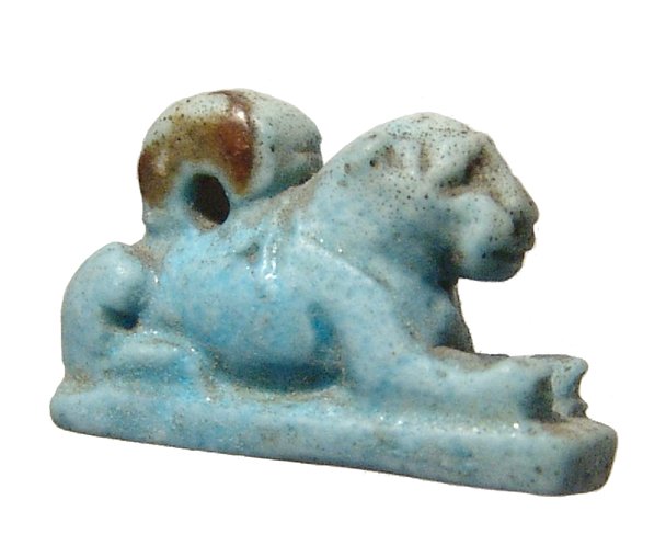 Egyptian faience amulet of a reclining lion (1 of 3)