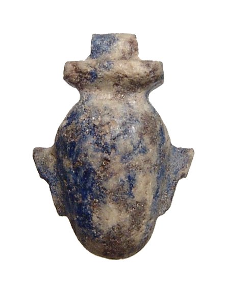 Egyptian lapis lazuli amulet of the heart or ‘ib’: An Egyptian lapis lazuli amulet of the heart or ‘ib’, Late Period, c. 664 – 332 BC, of classic form and intact with light deposits. L: 23mm. Ex Boston Museum of Fine Arts.