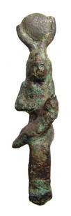 An Egyptian bronze figure of seated Isis: An Egyptian bronze figure of seated Isis, Late Period, c. 664 - 332 BC, wearing solar disc with cow's horn and suckling the child Horus who sits on her lap. H: 3 1/2 in (8.9cm). Ex Detroit private