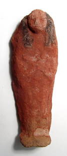 A nicely painted Egyptian terracotta ushabti: A nicely painted Egyptian terracotta ushabti, New Kingdom, c. 1570 - 1075 BC, mummiform, wearing tripartite wig, arms folded at chest, wrists crossed. The figure with black wig and red pigment on the