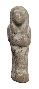 Egyptian terracotta ushabti, 3rd Intermediate Period: An Egyptian terracotta ushabti, 3rd Intermediate Period, c. 1075 - 664 BC, frontally molded, mummiform, wearing tripartite wig, arms folded across chest, hands holding pick and hoe. Remnants of