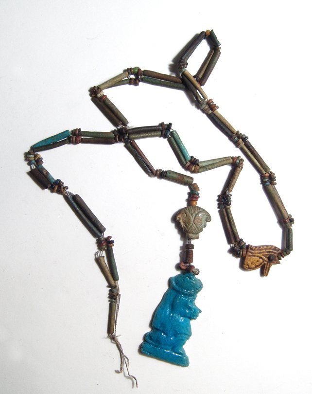 Egyptian necklace with blue glazed baboon amulet (1 of 2)