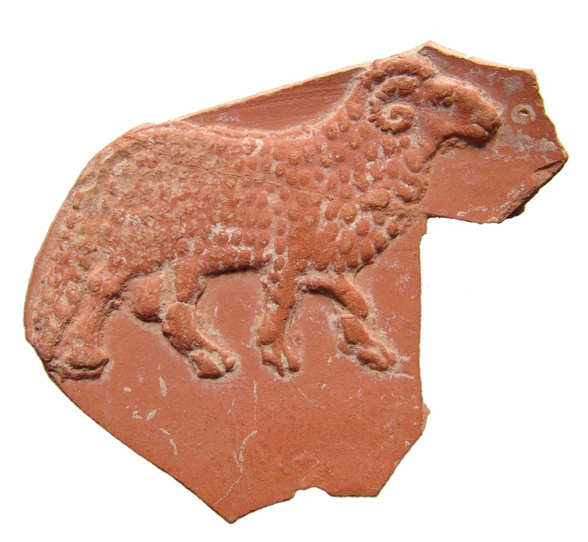 Roman red-ware sherd depicting a ram (1 of 2)