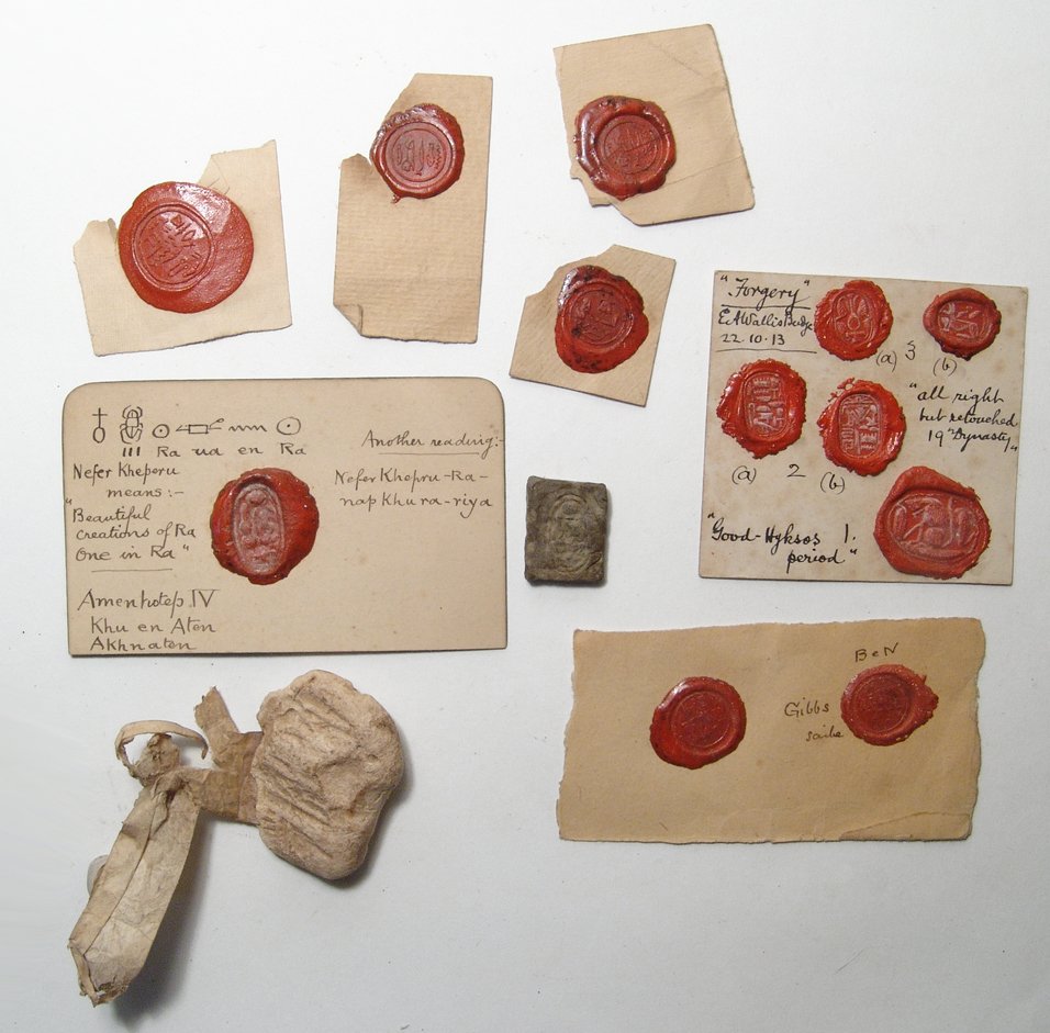 Seal impressions and original notes from Egyptologist: A large group of Egyptian seal impressions and original notes from Egyptologist G. Bennett Gibbs. Lot includes impressions in red & white wax and include various Egyptian seals and scarabs from variou