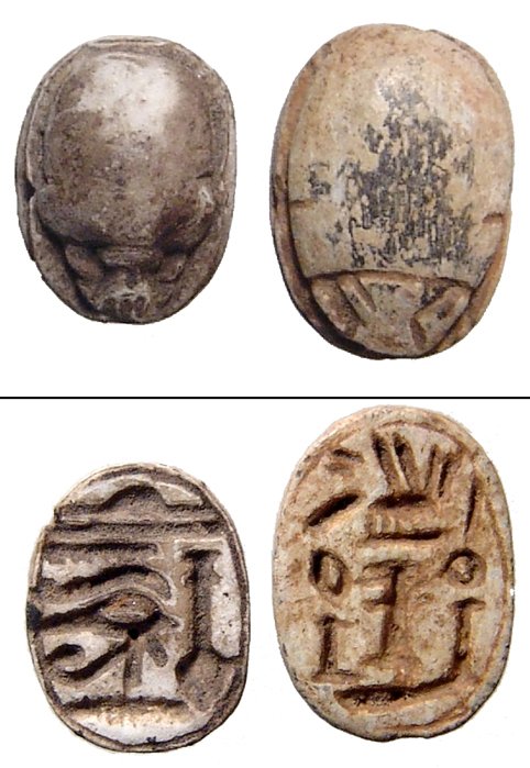 A lot of 2 Egyptian steatite scarabs: A lot of 2 Egyptian steatite scarabs, the first from the New Kingdom, c. 1570 – 1075 BC, with a Wedjat or ‘Eye of Horus’ before a ‘nefer’ sign on the base, 13 x 10mm, the second is a Late Pe
