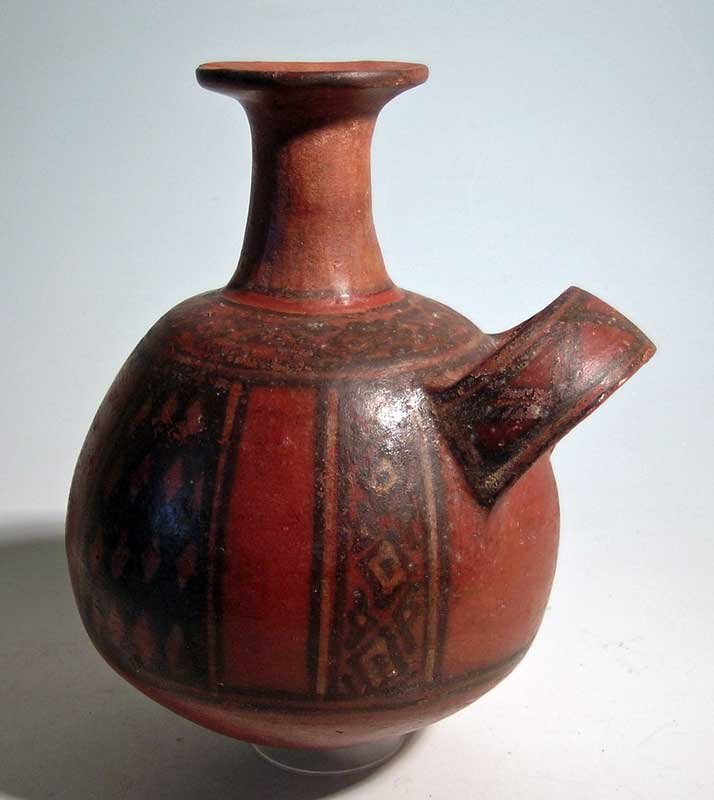 A lovely Inca-Ica aribalo: A lovely Inca-Ica aribalo, ca. 1300 – 1500 AD. This elaborately decorated vessel is 8 in high and features the broad strap handle and intricate design panels characteristic of the type. Ex Cohen est