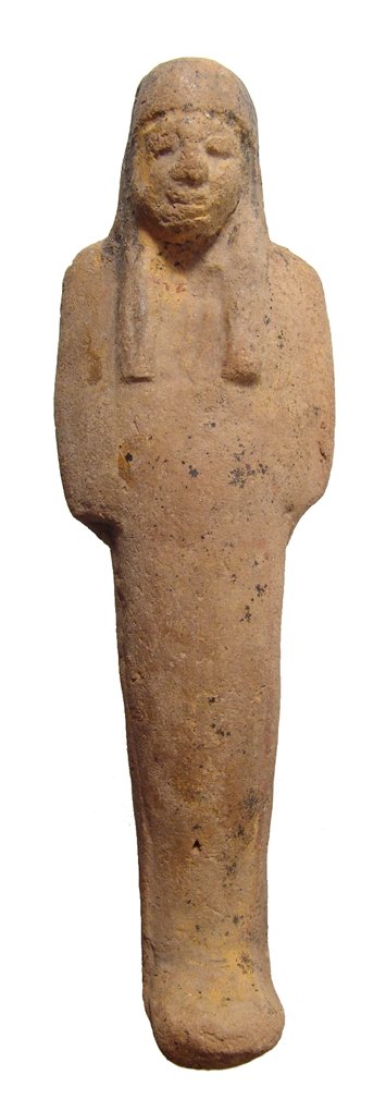 Egyptian terracotta ushabti, Late New Kingdom: An Egyptian terracotta ushabti, Late New Kingdom, c. 1200 – 1075 BC, depicted mummiform, wearing tripartite wig, arms folded across chest. Nicely detailed with traces of original paint, red on the b
