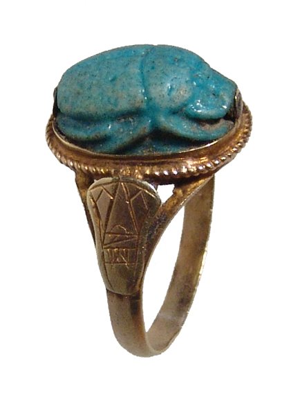 Egyptian blue glaze scarab set into a gold ring (1 of 3)