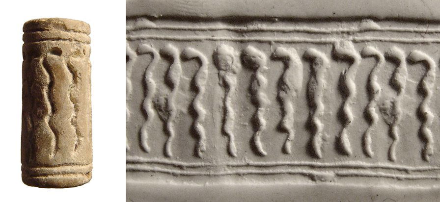 Egyptian-Levantine steatite cylinder seal with cobras: A Egyptian-Levantine steatite cylinder seal with cobras, c. 2nd Millennium BC, the serpents stand one next to the other between a double line border. L: 21mm. Light deposits. Ex Detroit private collec