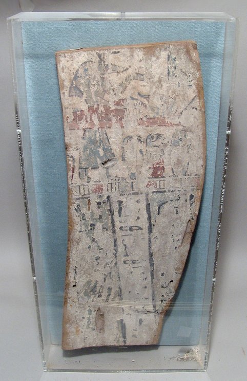 An Egyptian painted wood panel, Late Period: An Egyptian painted wood panel, Late Period, c. 712 - 30 BC, from a sarcophagus, within the uppermost register the god Sobek stands beside a mummy lying atop a bier, three of the four canopic jars tha