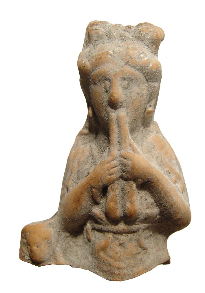 Cypriot terracotta torso of musician with double flute (1 of 3)