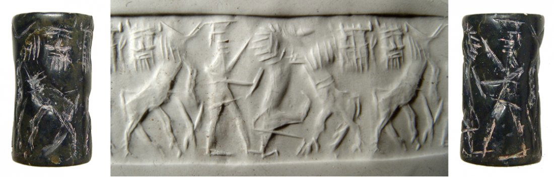 Mesopotamian black steatite cylinder seal, c. 2300 - (1 of 2)