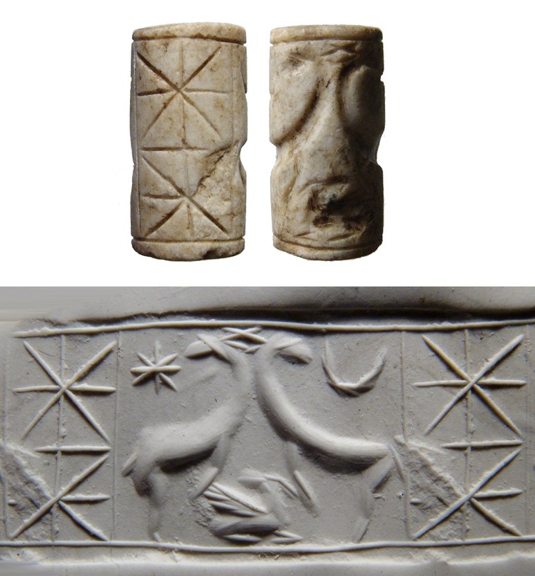 A Levantine marble cylinder seal, 2nd Millennium BC: A Levantine marble cylinder seal, 2nd Millennium BC, featuring a pair of horned antelope facing one another, their heads turned in unison, a smaller winged antelope reclines between them, double star 
