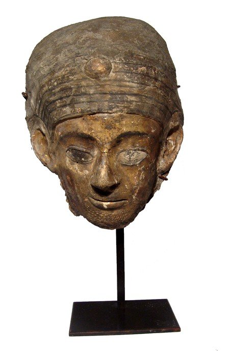 Extraordinary painted and gilded cartonnage mummy mask (1 of 4)