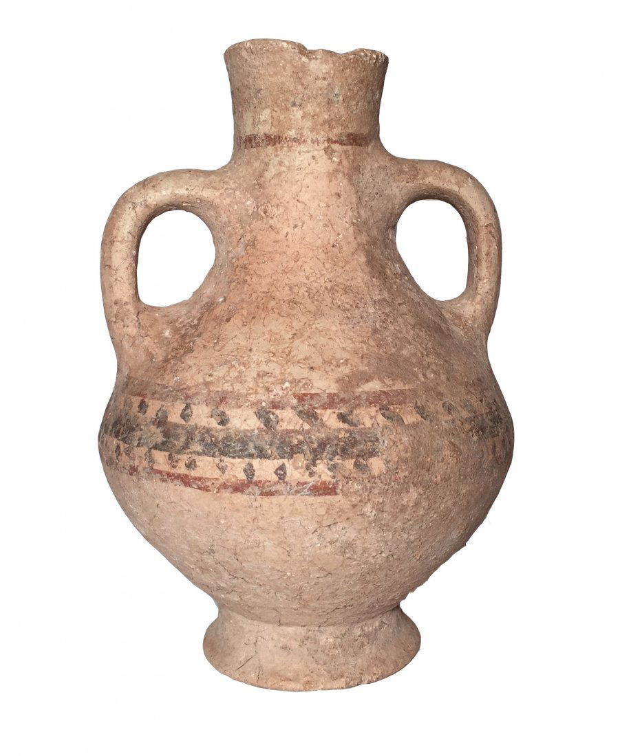A Holy Land chocolate on white ware amphora: A Holy Land chocolate on white ware amphora, c. 2100-1400 BC, with small flared foot, loop handles, short cylindrical neck round mouth. The neck decorated with banding and the body with a banding and